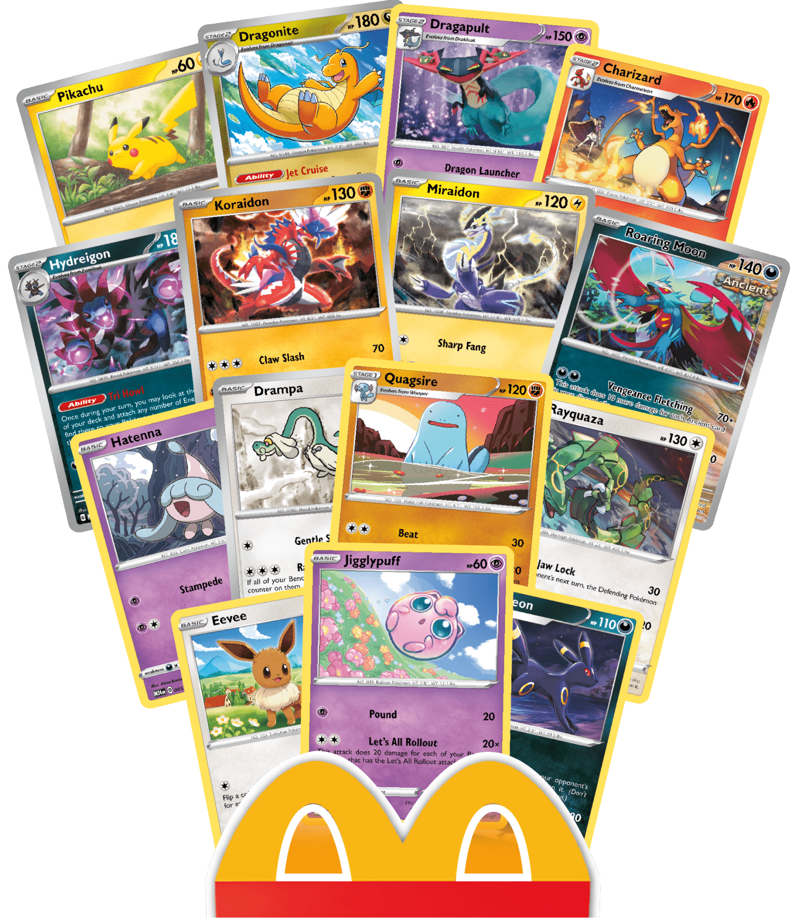 All 15 Pokémon Dragons cards are laid out above a Happy Meal box