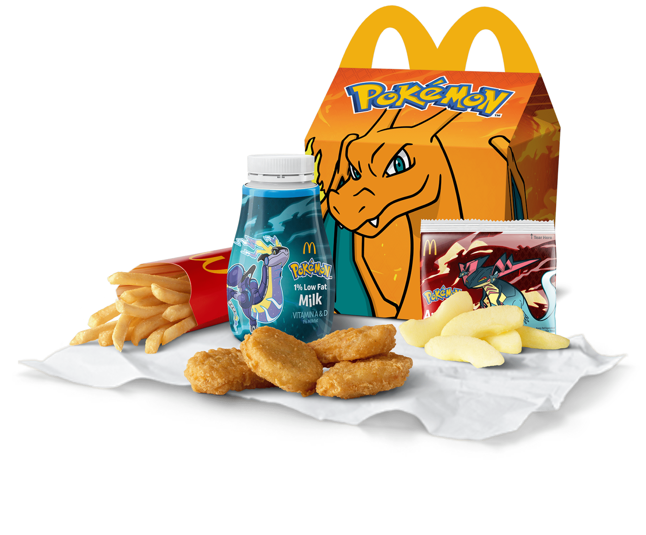 Pokémon Dragons Happy Meal box, Charizard, with chicken nuggets, fries, apple slices and milk