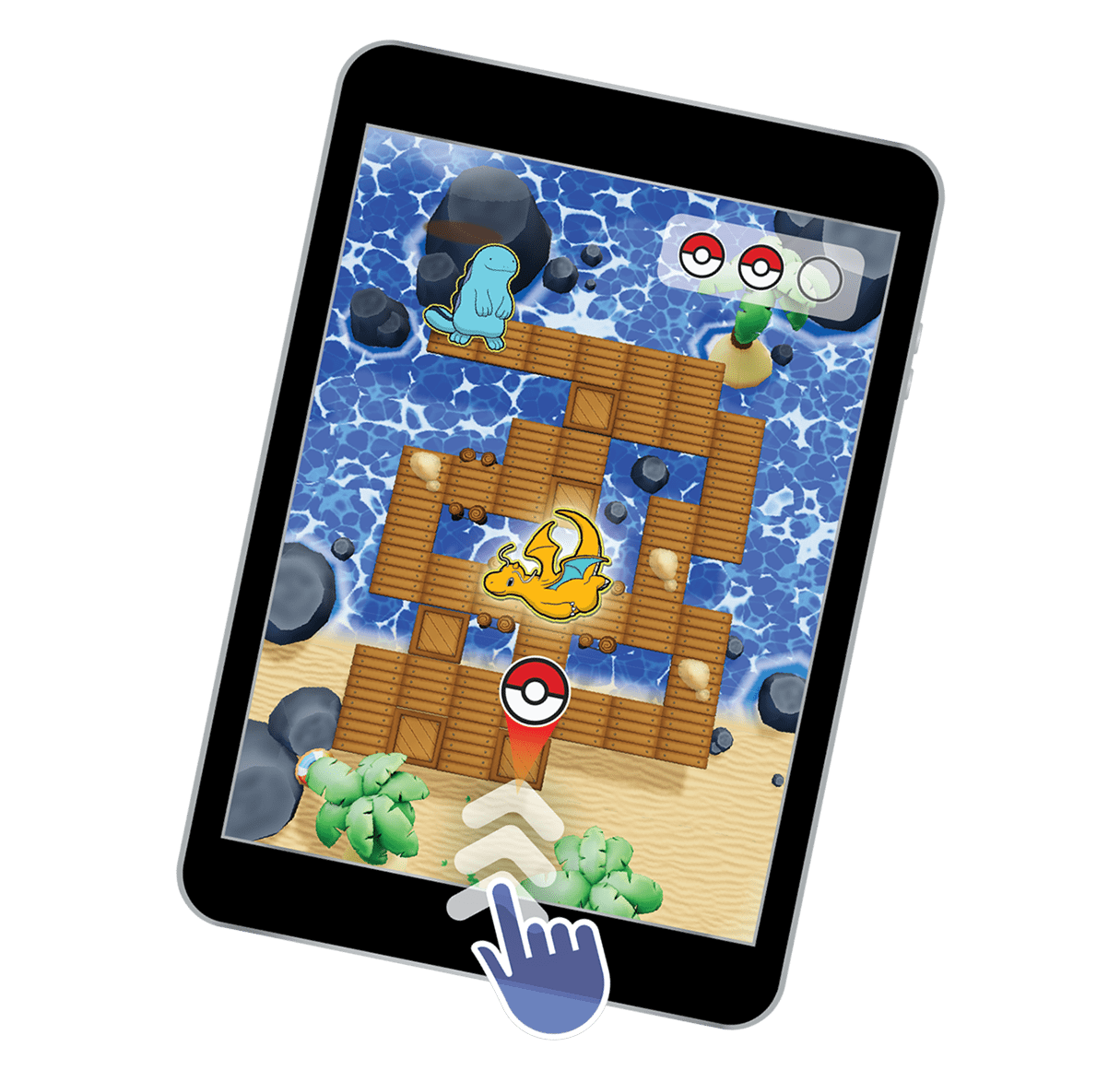 Tablet with hand plays Pokémon Dragons Happy Meal game with Dragonite in the center of the maze