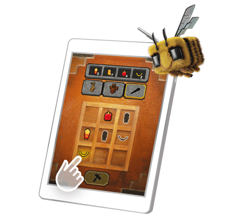 Tablet with hand playing the Minecraft Happy Meal game.