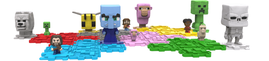 Minecraft toys and characters standing in a field of grass.