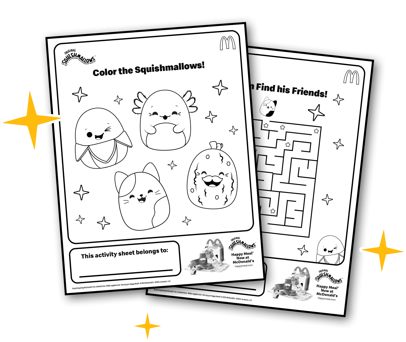 Color the Squishmallows! Junie the Banana, Halley the Intergalactic Axolotl, Cam the Cat and Charles the Pickle. Then, help Cam the Cat find his friends with a maze activity sheet!"