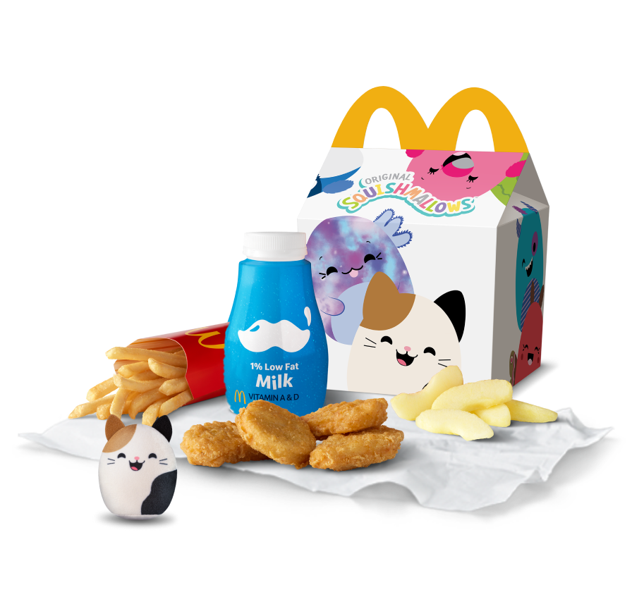 A Squishmallows-themed Happy Meal box appears with chicken nuggets, fries, apple slices and milk. A Cam the Cat toy sits in front of the Happy Meal.