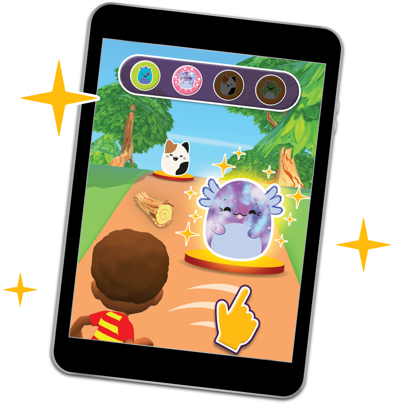 Tablet with hand playing the Squishmallows Happy Meal game.