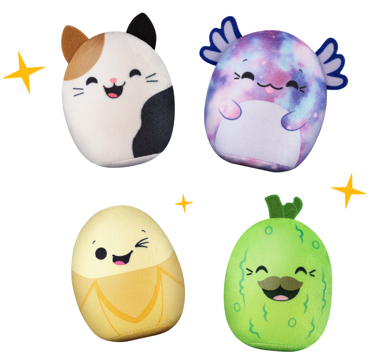 Cam the Cat, Halley the Intergalactic Axolotl, Junie the Banana and Charles the Pickle