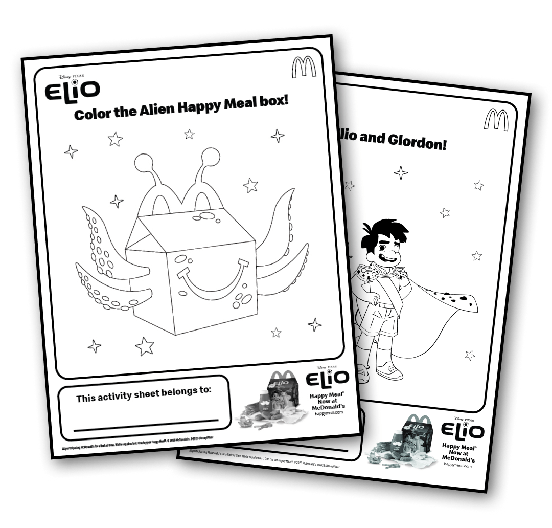 Elio coloring sheets (one sheet is a Color the Alien Happy Meal box and the other includes Elio and Glordon