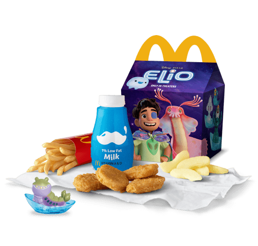 Elio Happy Meal box with chicken nuggets, fries, apple slices, milk and Glordon toy