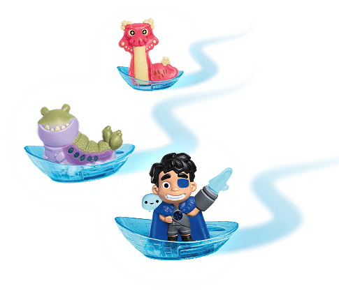 3 Elio characters flying on their shiny disks (Ambassador Questa (top), Glordon (middle), and Elio Solís and OOO (bottom)