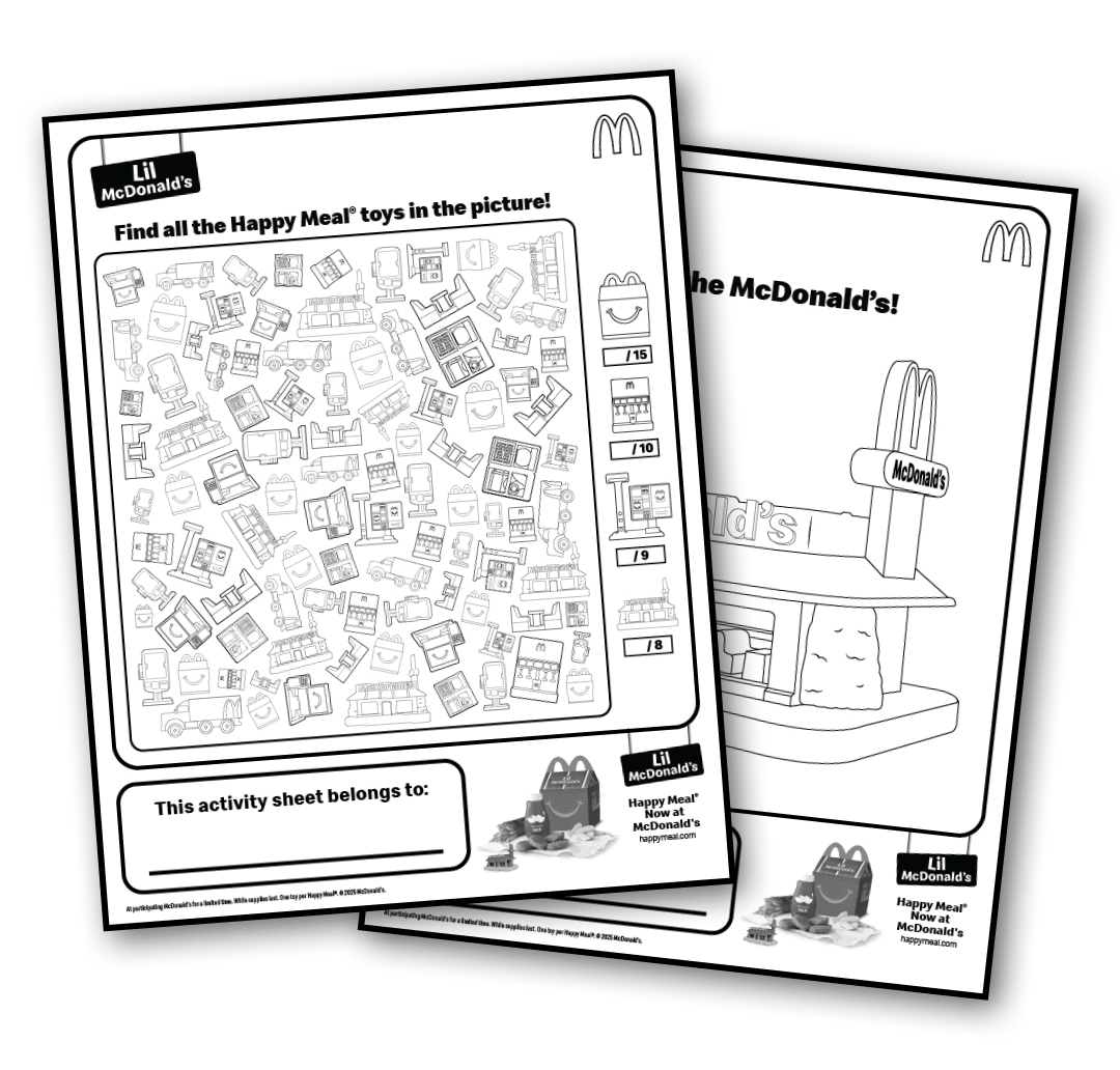 Lil McDonald’s Find all the Happy Meal® toys in the picture, activity sheet and a coloring sheet
