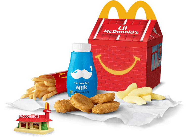 Lil McDonald’s Happy Meal box with chicken nuggets, fries, apple slices, milk and Lil McDonald’s toy (a little McDonald’s restaurant)
