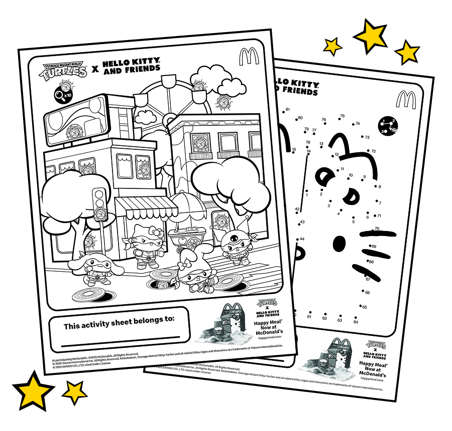 Teenage Mutant Ninja Turtles x Hello Kitty And Friends coloring sheet and connect the dots activity sheet