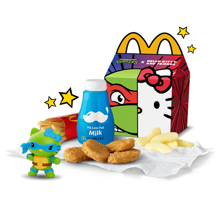 Teenage Mutant Ninja Turtles x Hello Kitty And Friends Happy Meal box with chicken nuggets, fries, apple slices, milk and Teenage Mutant Ninja Turtles x Hello Kitty And Friends toy (Hello Kitty x Leonardo)