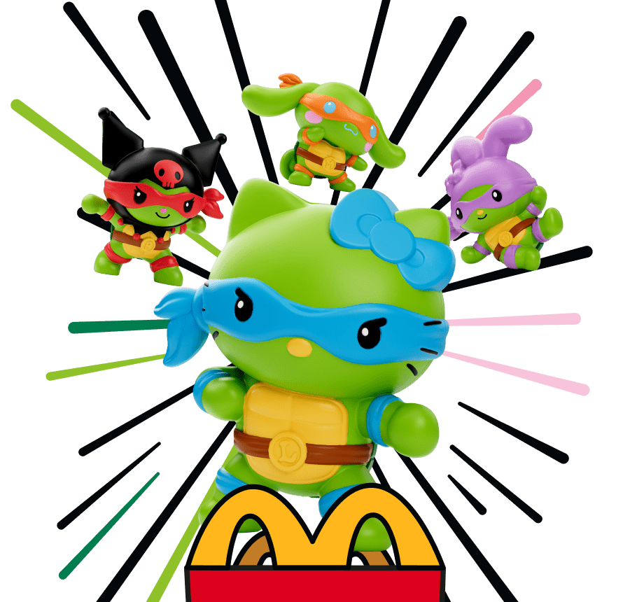Hello Kitty x Leonardo standing in the front with Kuromi x Raphael on the left, Cinnamoroll x Michelangelo in the middle and My Melody x Donatello on the right.