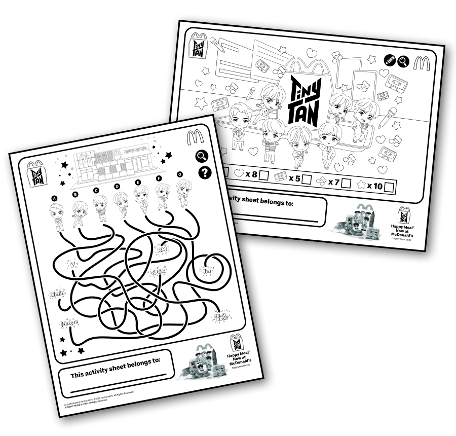 TinyTAN coloring sheet and maze activity sheet