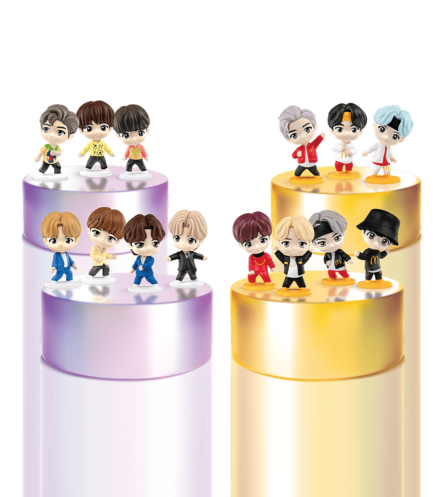Two sets of all 7 TinyTAN avatars posing on mini purple and gold stages