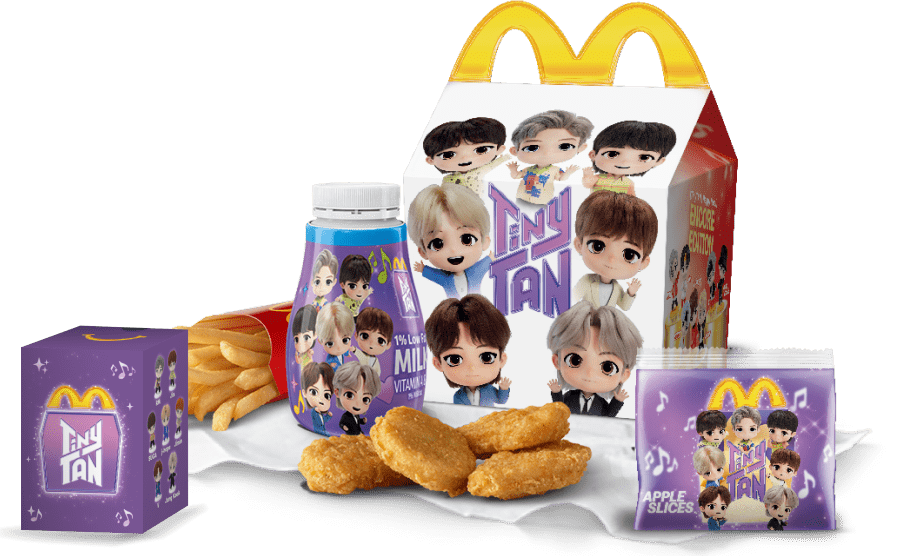 TinyTAN Happy Meal box with chicken nuggets, fries, apple slices, milk and TinyTAN toy.
