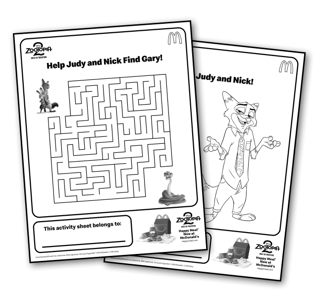 A maze activity sheet and a Judy and Nick coloring sheet