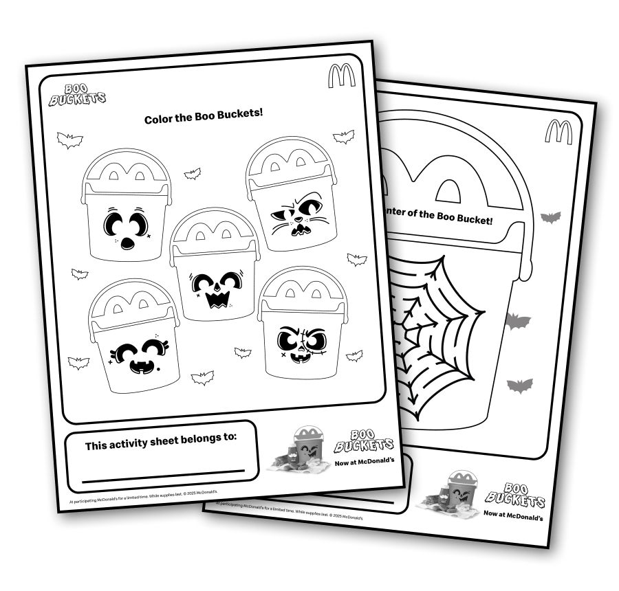 Color the Boo Buckets coloring sheet and get to the center of the Boo Bucket maze activity sheet