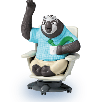Flash, a gray sloth in a blue collared shirt and green necktie sitting in an office chair