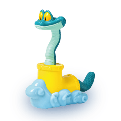 Gary, a blue snake with bright yellow eyes in a yellow pipe