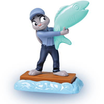 Judy, a gray rabbit in a gray jacket holding an aqua blue fish