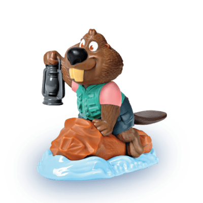 Nibbles, a beaver in a pink shirt and green vest holding a lantern