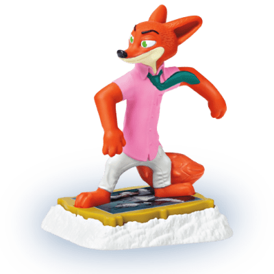 Nick, a red fox in a pink shirt riding a yellow snowboard