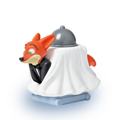 Server Nick, a red fox in a suit sitting on a serving cart