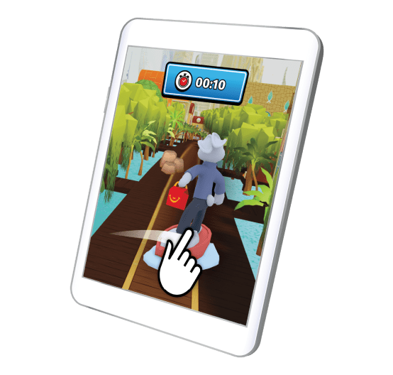 Tablet with Zootopia 2 game (Judy skating down a wooden path lined with trees)