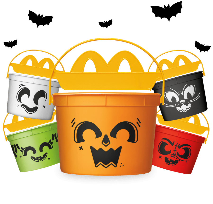 All five Halloween-themed Boo Buckets, each with a silly or spooky face printed on the front and a Golden Arches lid on top.