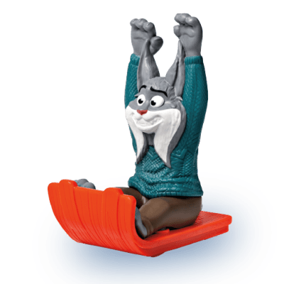 Pawbert, a gray lynx in a blue sweater riding an orange sled