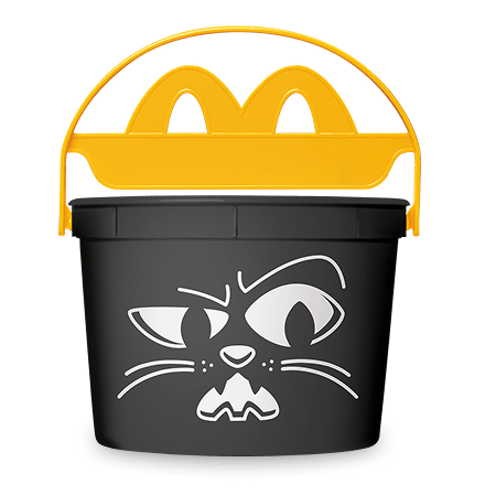 Black cat bucket with white eyebrows and whiskers