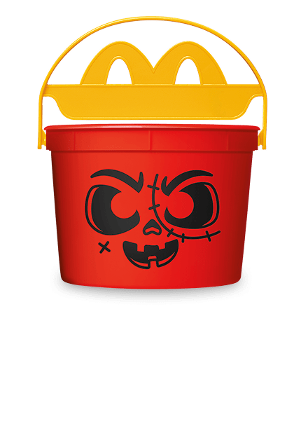 Red zombie bucket with a spooky, stitched face