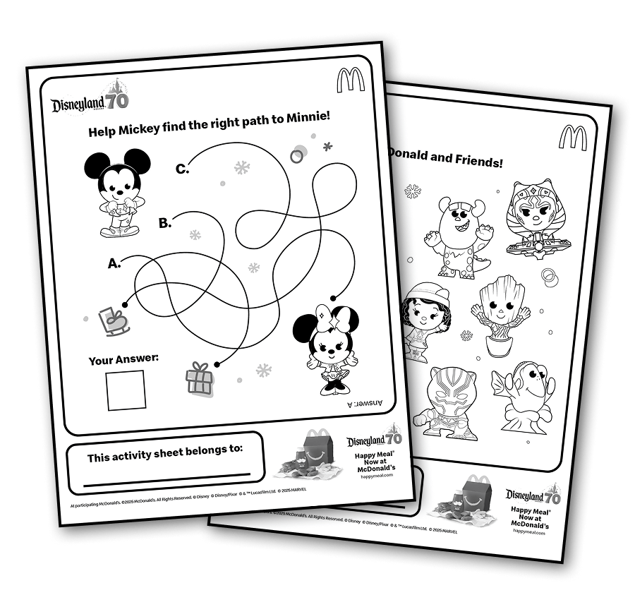 A maze activity with Mickey Mouse and Minnie Mouse and a coloring sheet