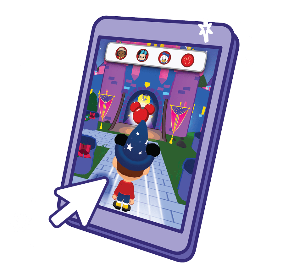 A tablet with the Disneyland 70 Happy Meal game; a child explores a maze to find the Mickey ornaments.