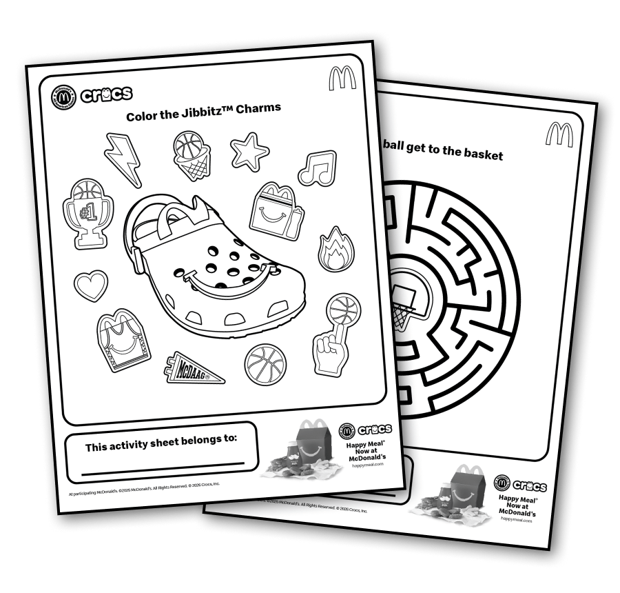 A color the Jibbitz™ Charms coloring sheet and maze activity sheet