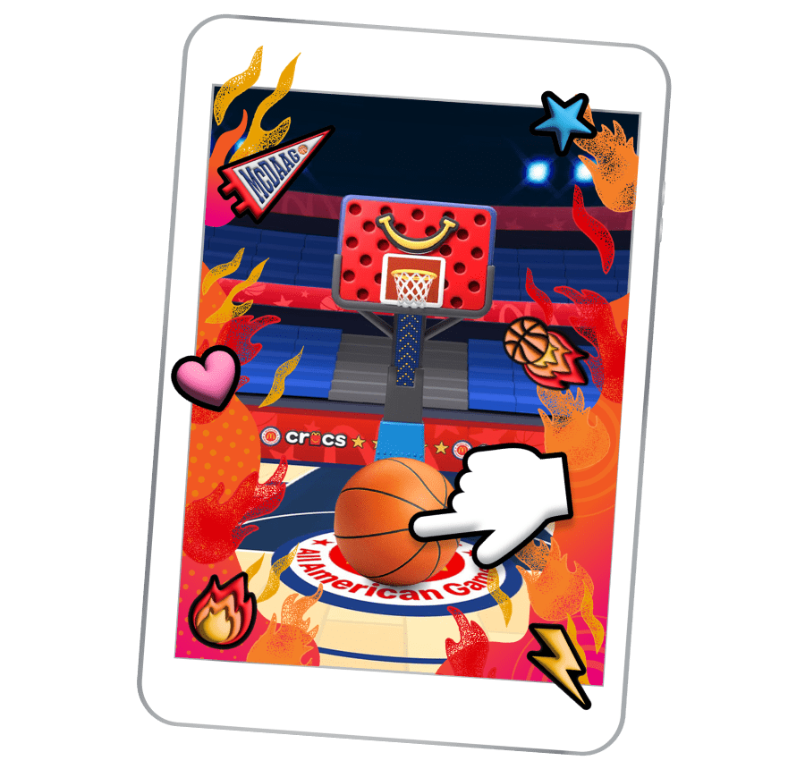Tablet with McDonald’s All American Games and Crocs digital basketball game with hand swiping