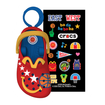 Red crocs with 5 white stars, a basketball and yellow smile and a colorful sticker pack