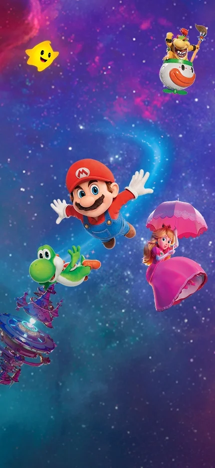In English: Mario floats in a star-filled galaxy, joined by Yoshi and Princess Peach on his left and right, while Bowser Jr. and a Yellow Luma hover above them.