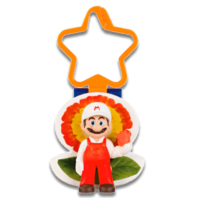 Fire Mario in a red and white plumber uniform, in front of a Fire Flower, on an orange star keychain
