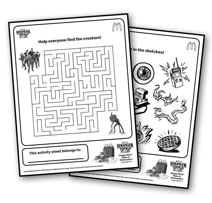 A ‘Help everyone find the creature!’ maze and Stranger Things Tales From ’85 coloring sheet