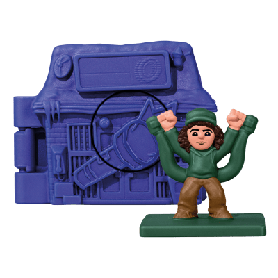 A violet toy house with a Dustin toy inside