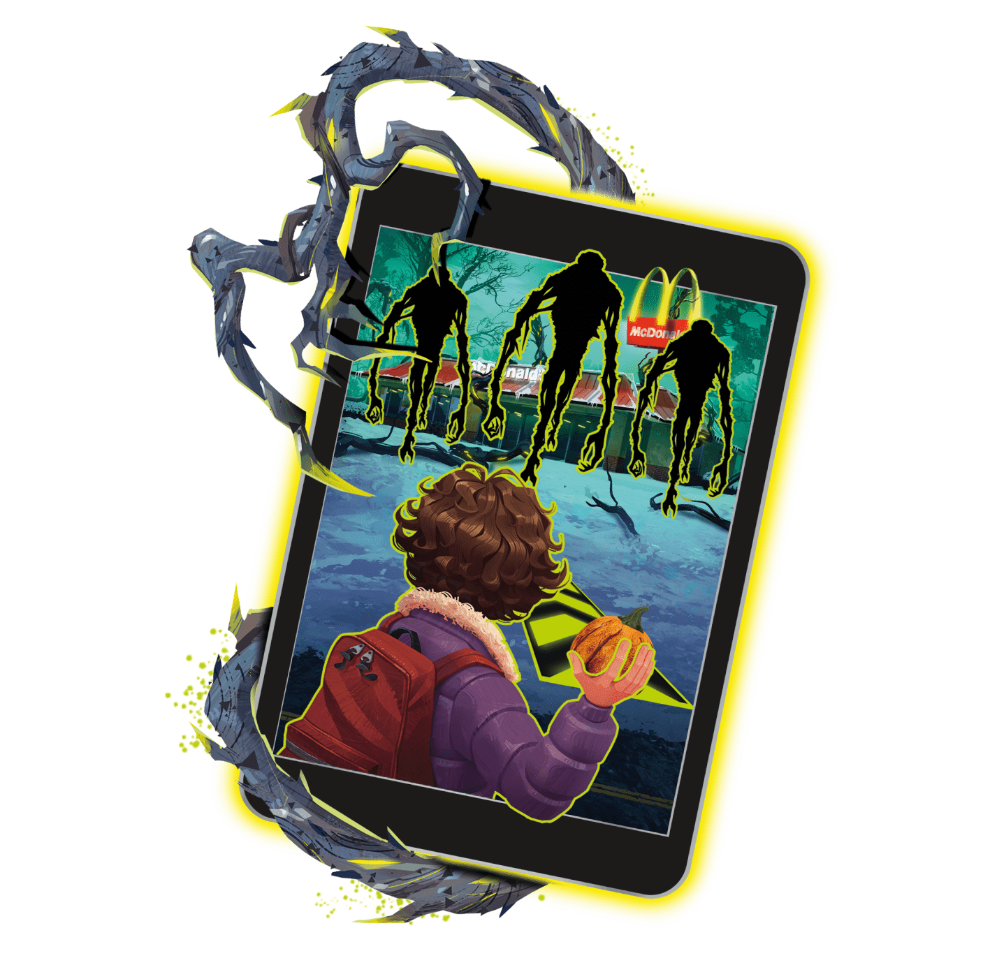 Tablet with McDonald’s Stranger Things Tales From '85 game (Stranger Things character aiming to blast a pumpkin at lime green glowing monsters)