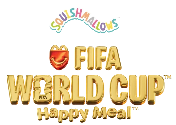 Original Squishmallows logo with 2026 FIFA World Cup logo and Happy Meal