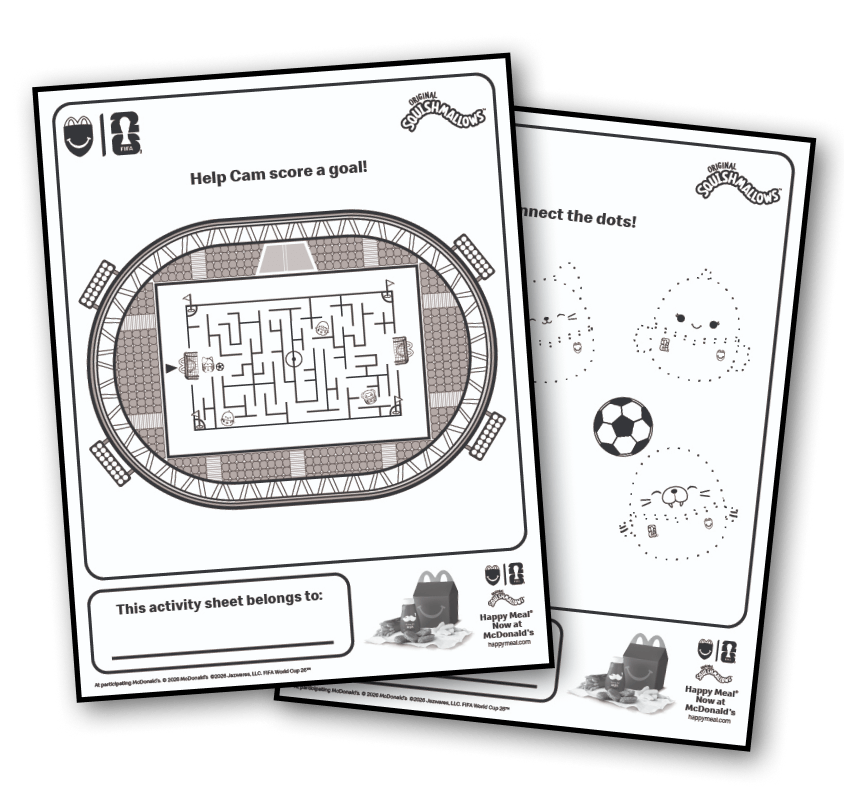 A ‘Help Cam score a goal!’ activity sheet and a Squishmallows coloring sheet.