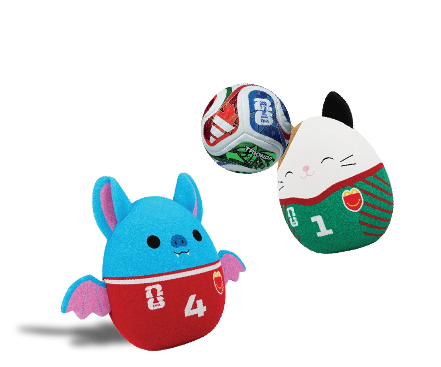 Boyle the Fruit Bat and Cam the Calico Cat play soccer in a crowded stadium. Cam the Calio Cat bounces a soccer ball on his head. A Happy Meal soccer net is behind them.