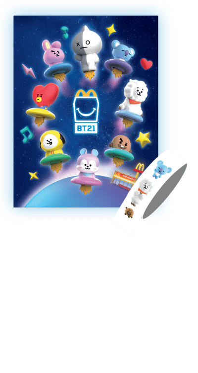 All eight BT21 characters on a poster surrounding a McDonald’s Happy Meal box and the BT21 logo and a roll of BT21 character stickers
