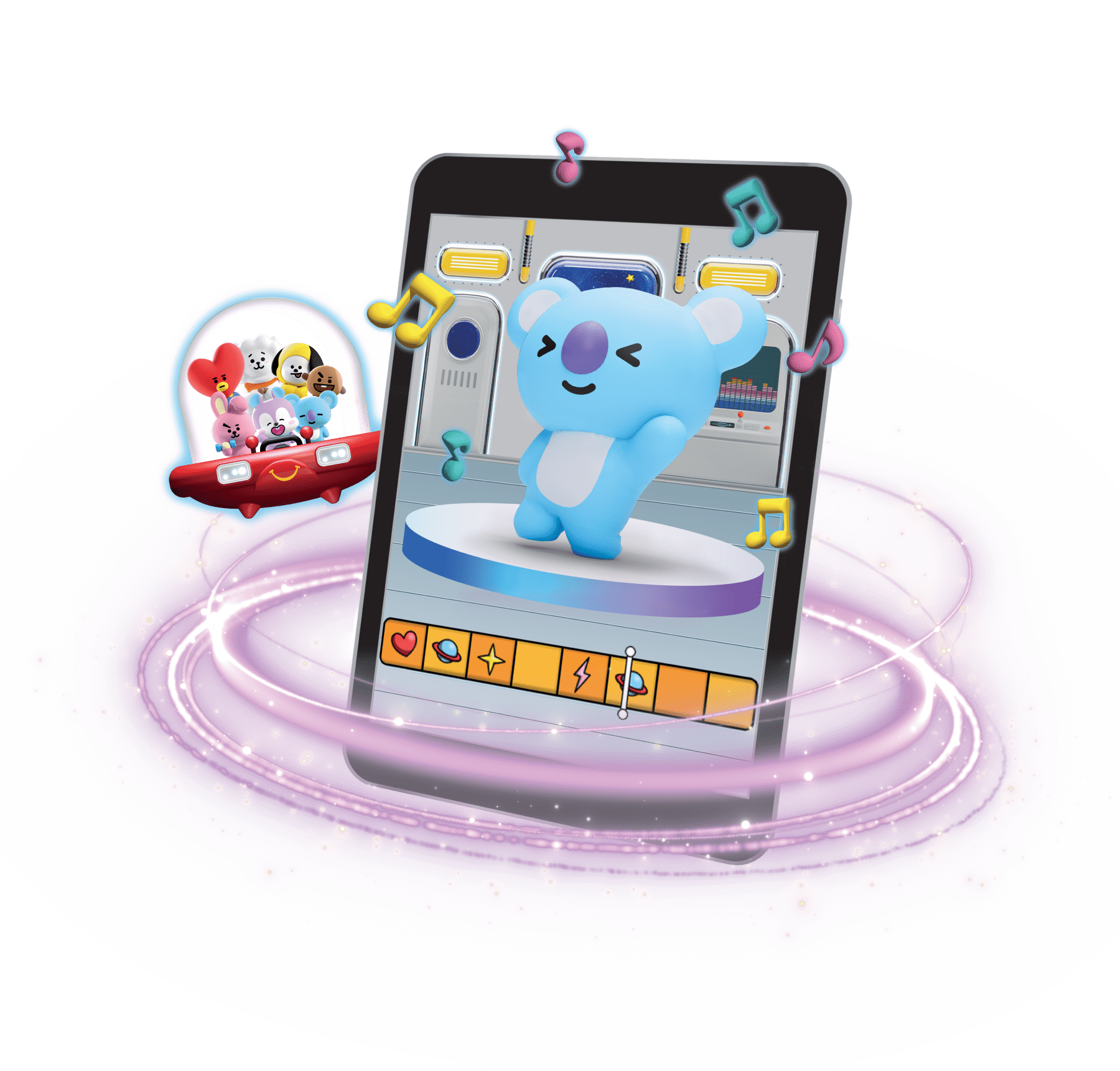 Tablet with McDonald’s BT21 game and character, Koya, dancing. Seven BT21 characters are in a spaceship next to the tablet.