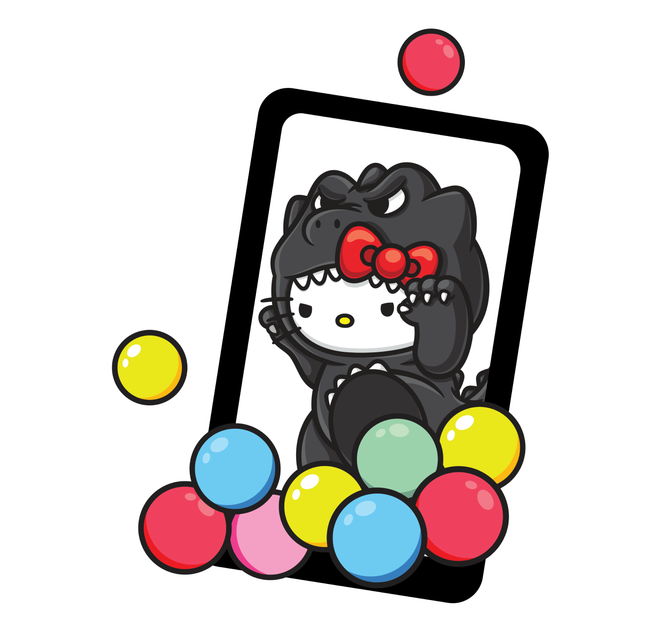 Ball pit balls surround a tablet device showing Hello Kitty dressed as Godzilla.