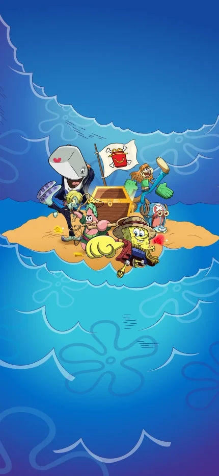 All six SpongeBob SquarePants x One Piece characters pose on an island around a treasure chest with a Happy Meal box pirates' flag. Blue waves and flower clouds surround the island.